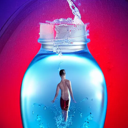 Prompt: a human head in a bottle water art manipulation, on the ocean water, futuristic, glowing, hyper realistic, ray tracing, realistic water splashes, sharp focus, long shot, 8 k resolution, cinematic, photoshop art