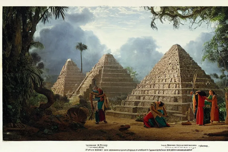 Image similar to Priests bowing before Aztec pyramid in jungle by Ludwig Deutsch and Rudolf Ernst, strong dramatic cinematic lighting, lost civilizations, smooth, sharp focus, extremely detailed