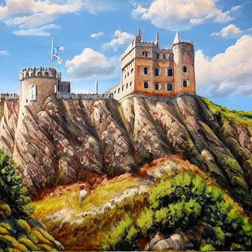 Prompt: a hyper realistic painting of a melting stone spanish castle made of melting bricks on a hill in the mountains and forest on a scorching hot day