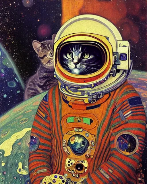 Image similar to space cosmonaut cat portrait an oil painting splashes with many colors and shapes by gustav klimt greg rutkowski and alphonse mucha, polycount, generative art, psychedelic, fractalism, glitch art