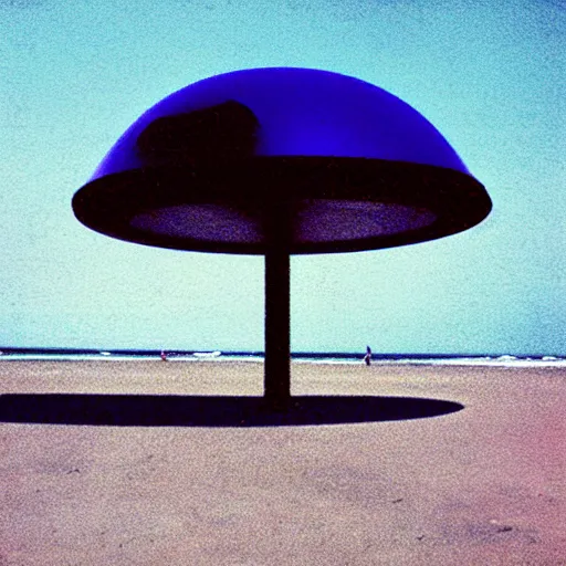 Image similar to “A UFO at the beach, dreamcore aesthetic, taken with a Pentax K1000, Expired Burned Film from 1930s, Softbox Lighting, 85mm Lens”