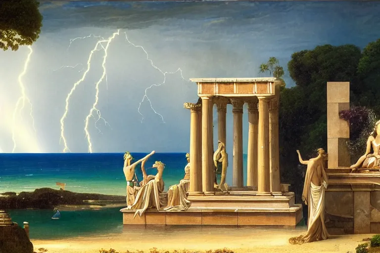 Image similar to Doric temple on front of balustrade and palace columns, refracted lightnings on the ocean, thunderstorm, tarot cards characters, beach and Tropical vegetation on the background major arcana sky and occult symbols, by paul delaroche, hyperrealistic 4k uhd, award-winning, very detailed paradise