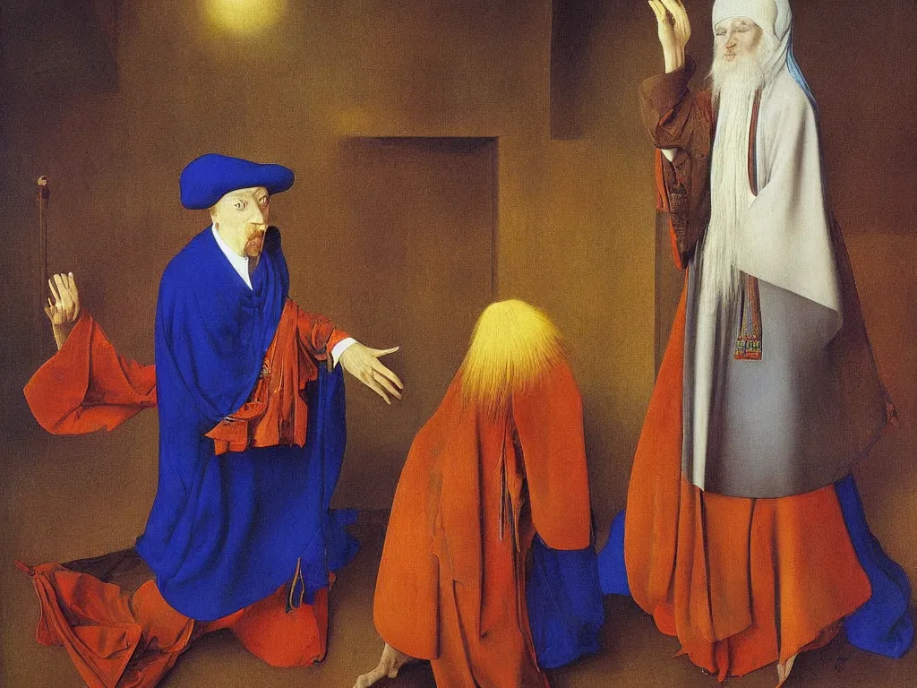 Image similar to Portrait of albino mystic with blue eyes, with Sufi whirling dervish. Painting by Jan van Eyck, Audubon, Rene Magritte, Agnes Pelton, Max Ernst, Walton Ford