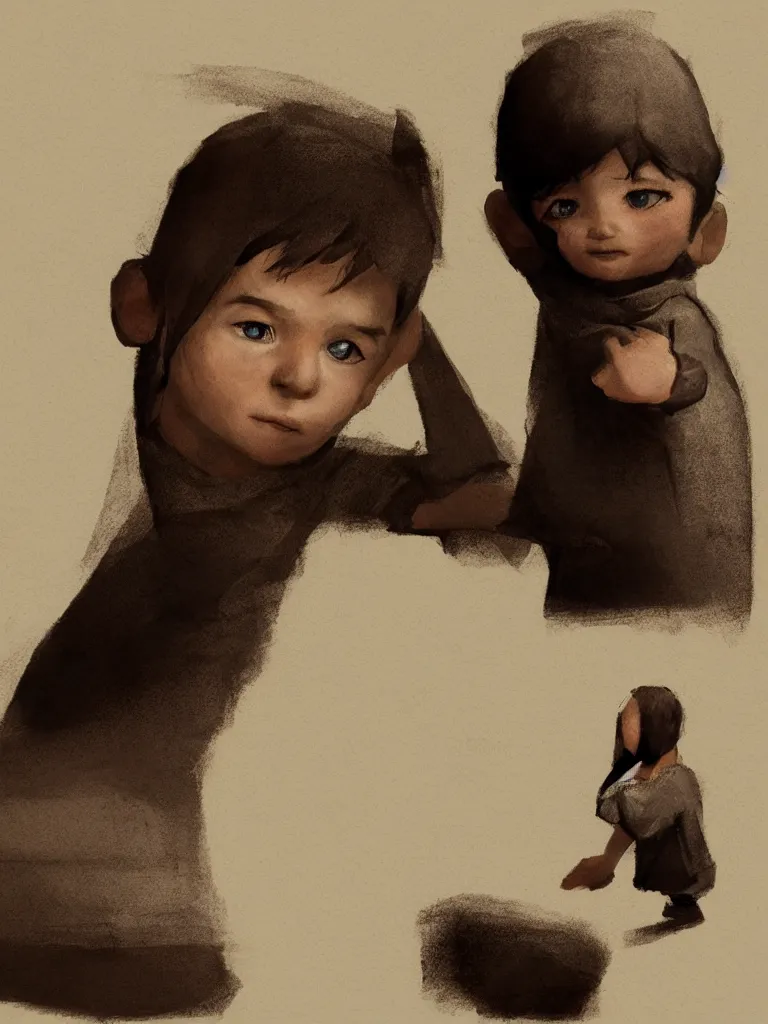 Image similar to dark colored sketches of little boy by concept artists, blunt borders, rule of thirds, whimsical, light and shadow, backlighting