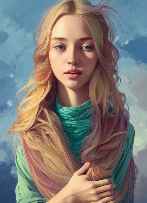 Image similar to handsome young women with shoulder length blonde hair, half body shot, path traced, highly detailed, high quality, digital painting, alena aenami, lilia alvarado, shinji aramaki, karol bak, alphonse mucha, tom bagshaw