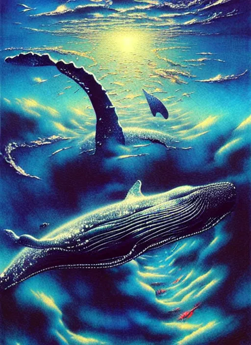 Prompt: detailed image of whale flying in universe skyline by Ayami Kojima, Amano, Karol Bak, Greg Hildebrandt, and Mark Brooks, rich deep colors. Beksinski painting, part by Adrian Ghenie and Gerhard Richter. art by Takato Yamamoto. masterpiece . intricate artwork by Tooth Wu and wlop and beeple, greg rutkowski, very coherent symmetrical artwork, cinematic, hyper realism, high detail, octane render, unreal engine, 8k, Vibrant colors, Smooth gradients, High contrast, depth of field. by Katsuhiro Otomo, full body character drawing, inspired by Evangeleon, clean ink detailed line drawing, intricate detail, extremely detailed. painting by Arthur Rackham, Eugene de Blaas, Frederic Leighton