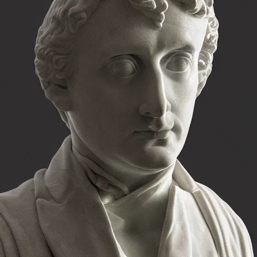 Prompt: ” marble bust of a man who figure out the meaning of life, [ facial expression, emotion, face, photoreal, ultra detail, intricate, masterpiece, dslr, museum ] ”