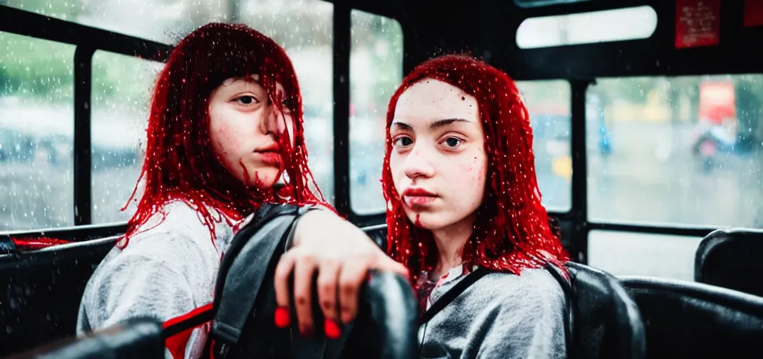 Prompt: Girl with red and black hair riding the bus on a rainy day, 8k photography, wide-shot