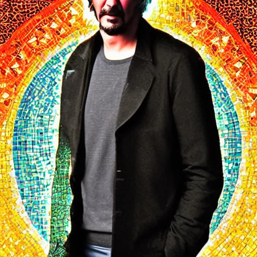 Image similar to mosaic style icon of keanu reeves. light rays. bokeh