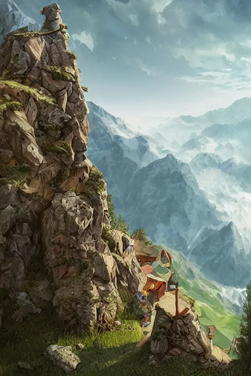 Image similar to an Alm in the Alps in the style of Heidi the cartoon, cartoon, intricate Details, concept art, matte painting, highly detailed, rule of thirds, dynamic lighting, cinematic, detailed, denoised, centerd, clean render