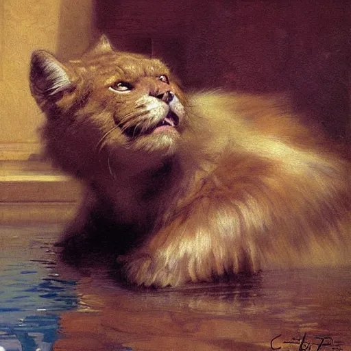 Prompt: a portrait of an very furry human with an anima's head in the pool, furry body, furry arms, furry legs, furry tail. highly detailed painting by gaston bussiere, craig mullins, j. c. leyendecker, furry