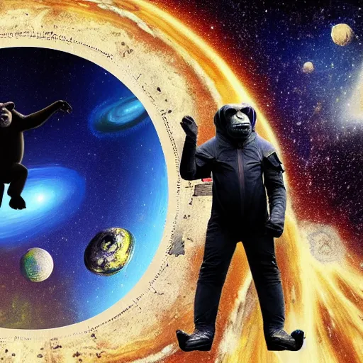 Prompt: double exposure portrait of astronaut and a chimpanzee astronaut with space and time in the the background by davinci, circles, psychedelic, pencil art, high definition, dynamic lighting stars, sharpness, golden ratio