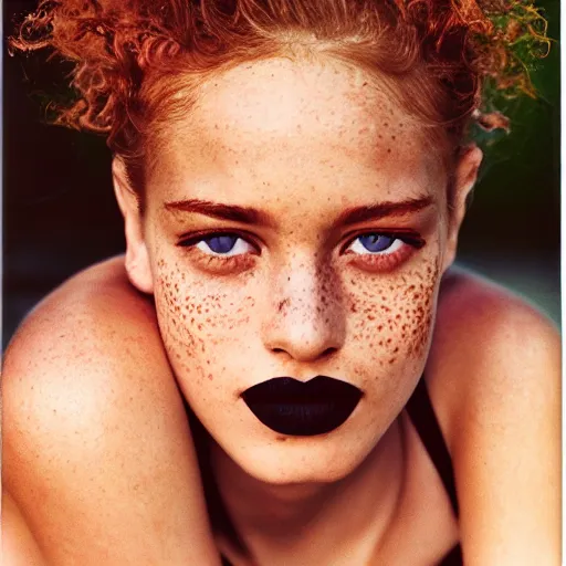 Image similar to a beautiful professional photograph by herb ritts and ellen von unwerth for vogue magazine of a beautiful lightly freckled and unusually attractive female fashion model looking at the camera in a flirtatious way, zeiss 5 0 mm f 1. 8 lens