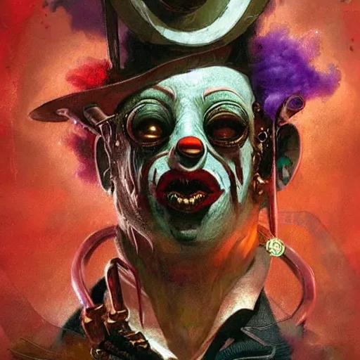 Prompt: Portrait of a creepy steampunk clown, fantasy, colorful, detailed, by Greg Rutkowski and Dave McKean