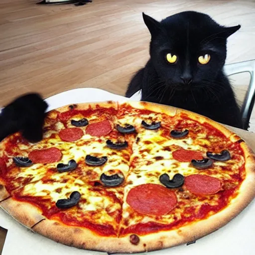 Image similar to “a black cat putting pizza in a pizza oven”