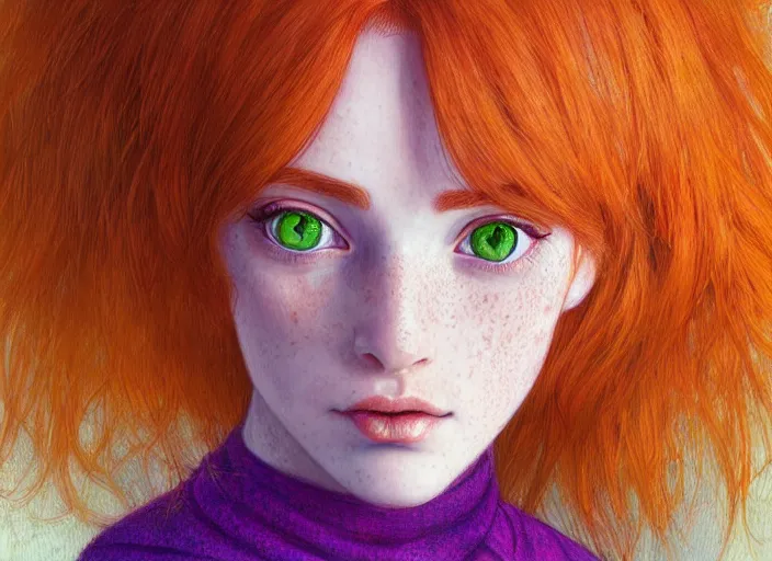 Image similar to portrait Girl with orange hair and freckles, green eyes fine face pretty face, realistic shaded Perfect face, purple background, fine details , fine details. Anime, by Ilya Kuvshinov and Gustav Klimt