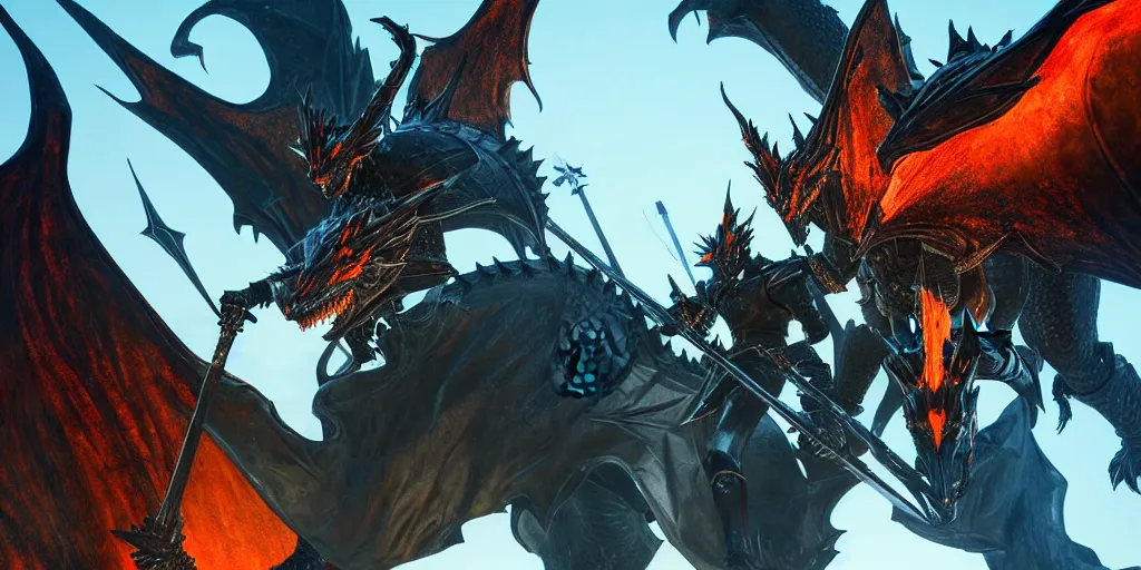 Image similar to closeup of a 3 d model of knight with a lance and shield in the style of final fantasy and a 3 d model dragon in the style of monster hunter breathing fire on him, realistic, fisheye lense, blue and orange lighting, rim lighting, cinematic feel, in a forest, art by unreal engine 4, game art, trending on art station