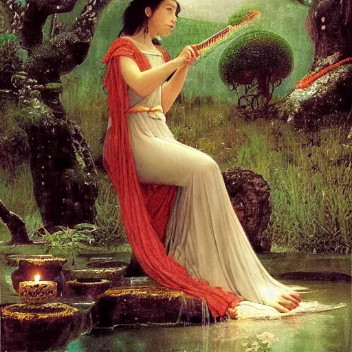 Image similar to A Latin sorceress playing the harp in an enchanted Zen garden, by Arnold Böcklin and Tang Sin Yun, breathtaking digital 2d cover art