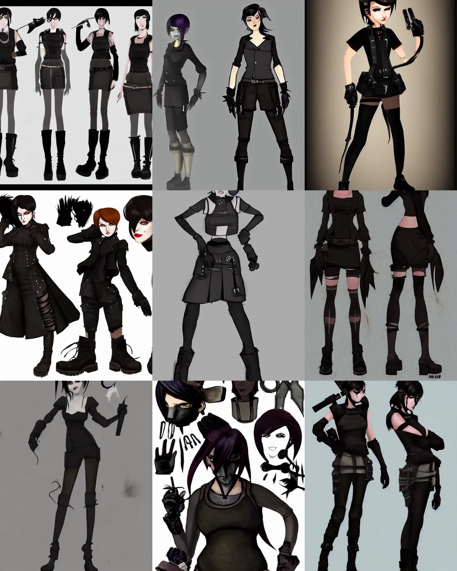 Prompt: goth Team Fortress 2 character concept art. Her hair is dark brown and cut into a short, messy pixie cut. She has a slightly rounded face, with a pointed chin, large entirely-black eyes, and a small nose. She is wearing a black tank top, a black leather jacket, a black knee-length skirt, a black choker, and black leather boots.