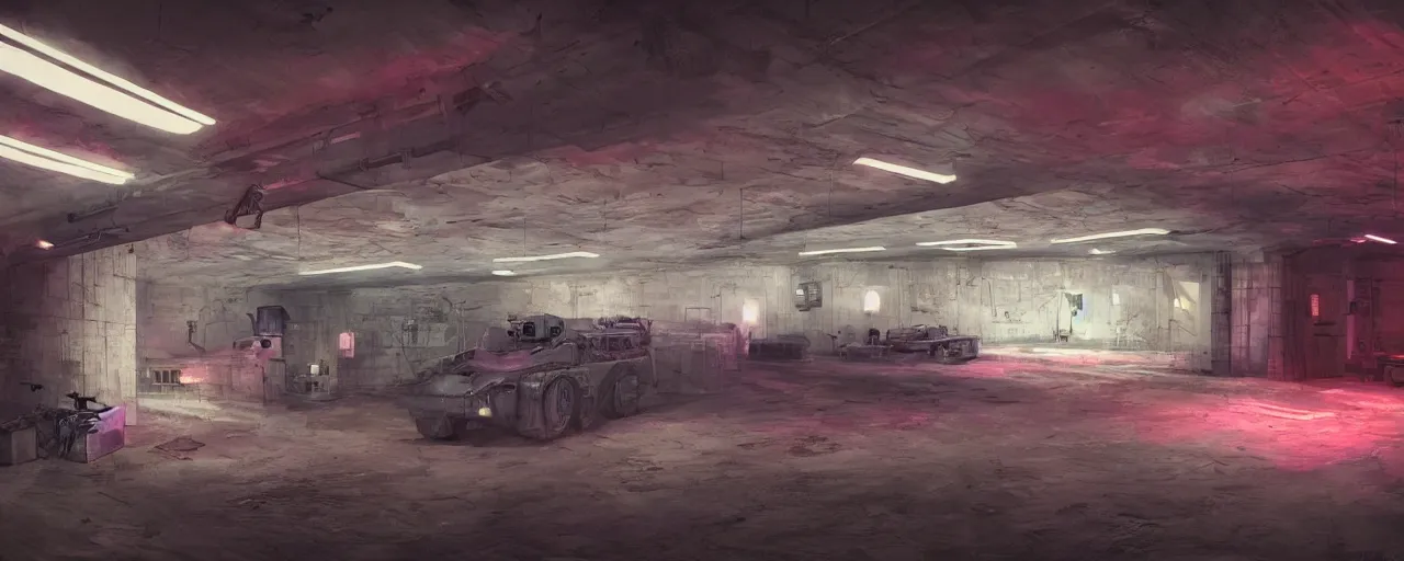 Prompt: inside of a military spionage bunker, neon lights, much details, very realistic, concept art, 8k