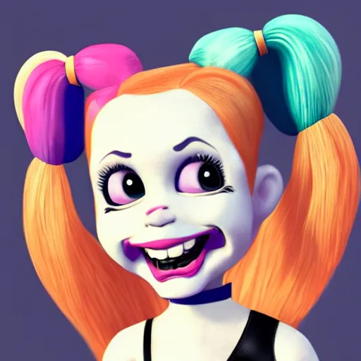 Prompt: baby harley quinn with pigtail like pebbles flintstones full body, big head, large smile, pixar style, happy, chill out, trending, trending on artstation