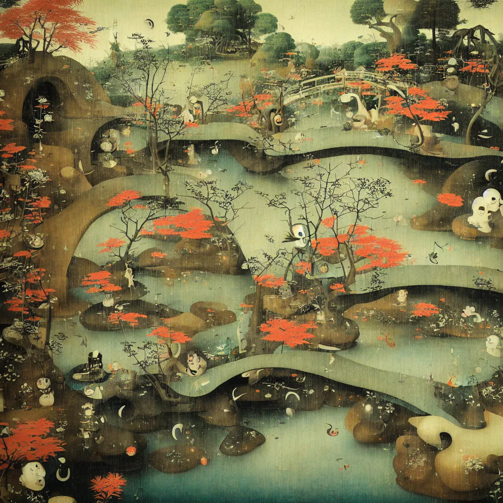 Prompt: Japanese Garden with bridge by Hieronymus Bosch and James Jean, Ross Tran, surreal oil painting, highly detailed, dream like, masterpiece