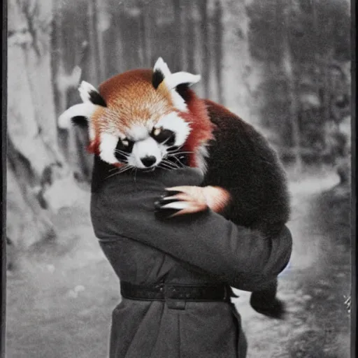 Image similar to hitler hugging a red panda, propaganda poster