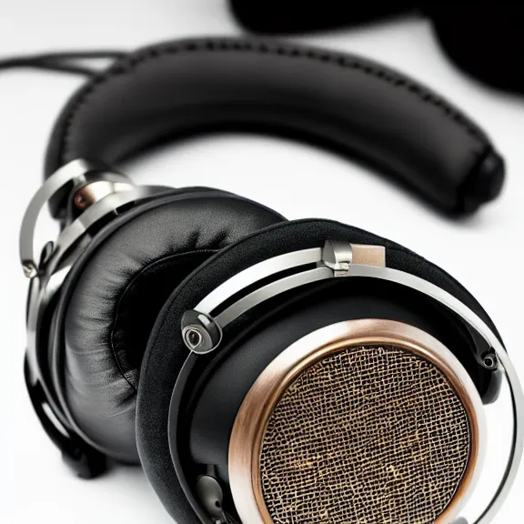 Image similar to masterpiece photo of beautiful hand crafted artistic detailed transparent headphones, flat metal hinges, bismuth metal, electronics see through, plush leather pad, modernist headphones, bismuth beautiful well designed, hyperrealistic, audiophile, intricate hyper detail, extreme high quality, photographic, audeze, sennheiser, raal, bang olufsen, abyssal