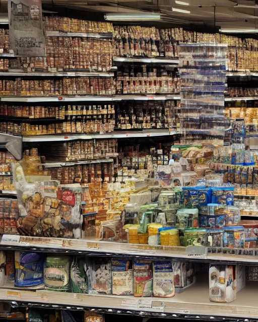 Image similar to gandalf stacking supermarket shelves greg rutkowski, esuthio, craig mullins, cinematic lighting, gloomy