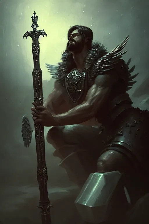 Image similar to blizzard art, portrait of fallen man angel kneeling with a sword and shield and wings, close-up, bokeh. dark art masterpiece artstation. 8k, sharp high quality illustration in style of Jose Daniel Cabrera Pena and Leonid Kozienko, concept art by Tooth Wu