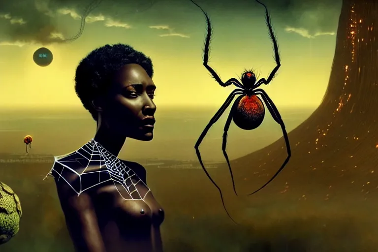 Image similar to realistic detailed photorealistic portrait movie shot of a beautiful black woman with a giant spider, sci fi city landscape background by denis villeneuve, amano, yves tanguy, alphonse mucha, ernst haeckel, david lynch, edward robert hughes, roger dean, cyber necklace, rich moody colours, wide angle