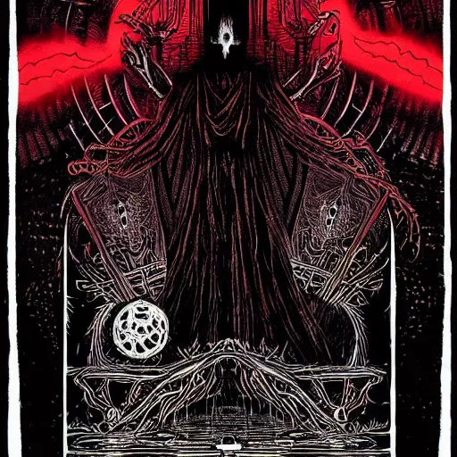 Image similar to red curtains, black paper + tarot card + eldritch god, vintage detailed sci-fi illustration designed by Marc Simonetti and Mike Mignola + psychedelic black light style + intricate ink illustration + symmetry + bloodborne, dark and mysterious, atmospheric, ominous, eerie, cinematic, 4k, ultra detail, ultra realistic