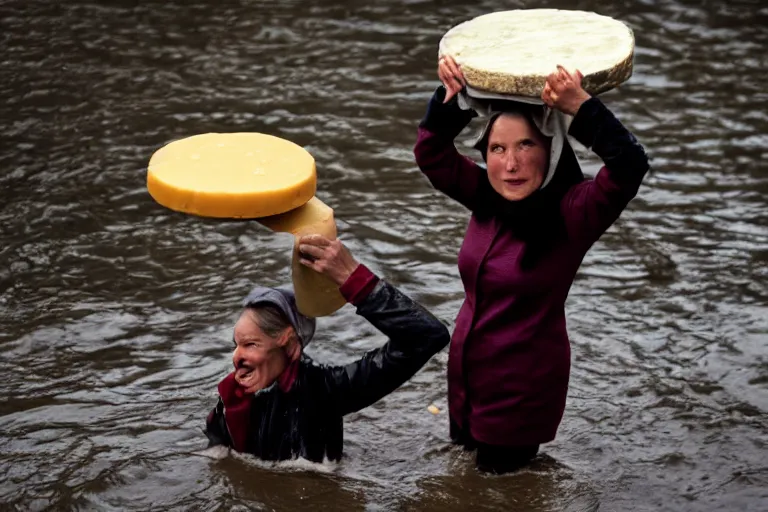 Image similar to closeup potrait of a woman carrying a wheel of cheese over her head in a flood in Amsterdam, photograph, natural light, sharp, detailed face, magazine, press, photo, Steve McCurry, David Lazar, Canon, Nikon, focus