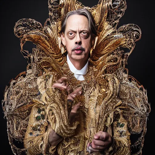 Image similar to 8 5 mm f 1. 8 photograph of steve buscemi wearing an ornate costume by iris van herpen, highly detailed, digital painting, artstation, smooth, sharp foccus, commercial photography, fashion shoot