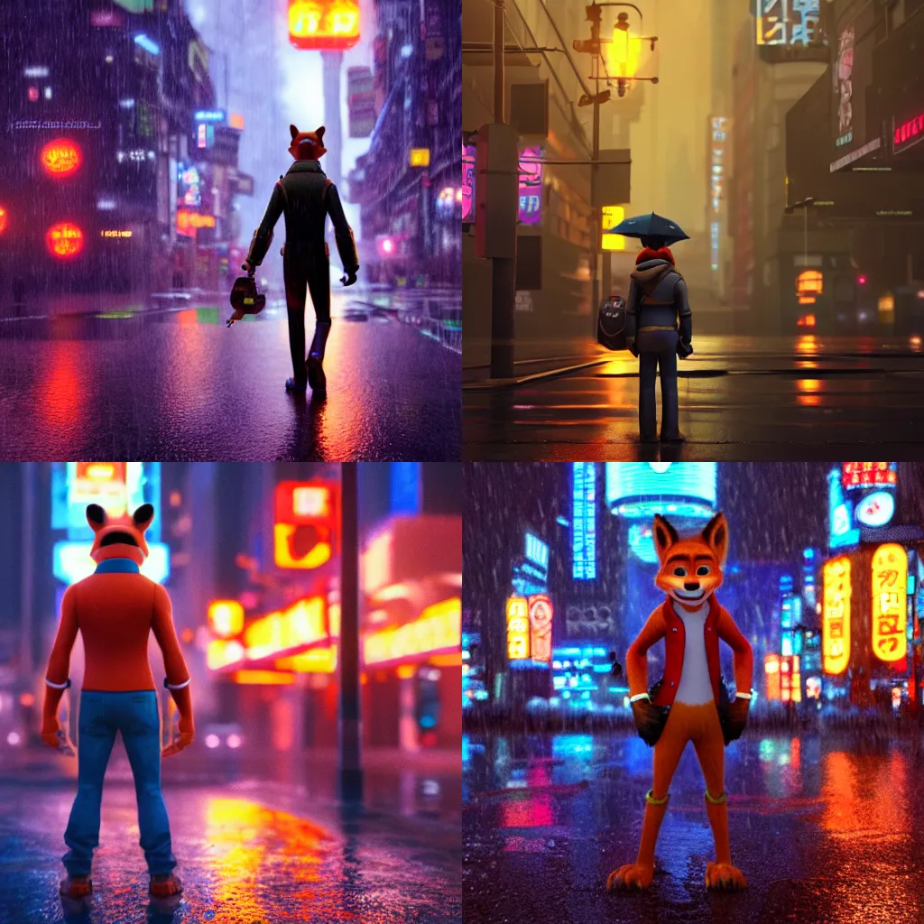 Prompt: nick wilde standing in the rain in cyberpunk tokyo during nighttime, cinematic lighting, 4k digital art, trending on artstation