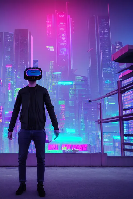 Image similar to cool cyberpunk dude with vr goggles, looking onto the city buildings, photorealism, night ambiance, vaporwave colors, neon glow on structures, highly detailed, trending on artstation, cinematic moody colors, 8 k, 4 k