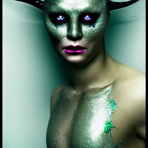 Prompt: a demon inspired by glitter created by the make up artist hungry, photographed by andrew thomas huang, cinematic, expensive visual effects