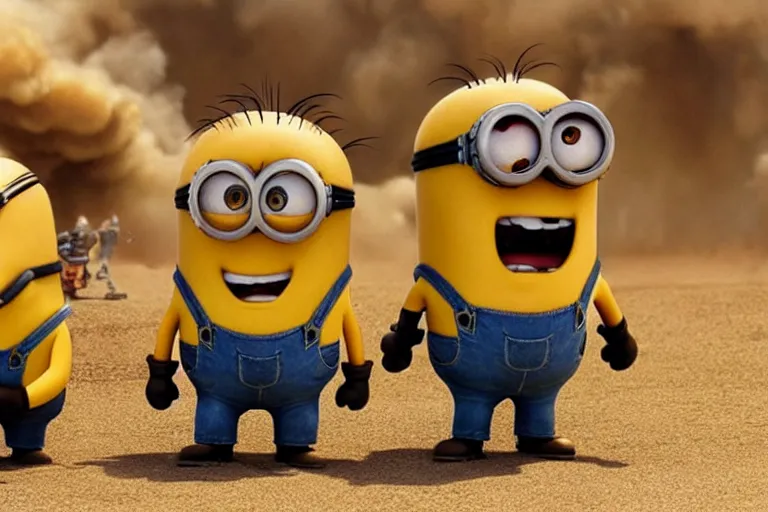 Image similar to a Minions vs super Mario , yellow and red, mechabot, in the Movie Mad Max: Fury Road 2015, epic sandstorm battle, action