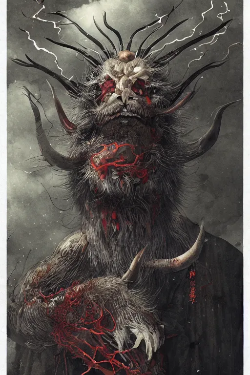 Image similar to a portrait of a horror manga japanese devil animal illustrated by miyazaki by karol bak, james jean, tom bagshaw, rococo, sharp focus, trending on artstation, cinematic lighting, hyper realism, octane render, 8 k, hyper detailed, vivid, ultra detailed, highly detailed