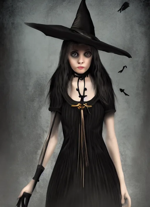 Image similar to young witch ; occult magic ; black dress ; nice face ; a crow sitting on her head ; unreal engine ; photorealistic ; dark colors ; cinematic light