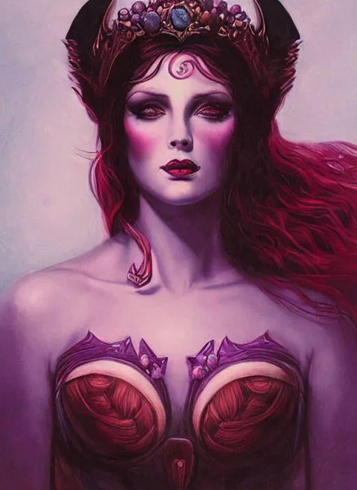 Image similar to portrait of princess of the dreamlands and moon beast, beautiful! coherent! by brom, deep colors, red maroon purple pink black, strong lines, rule of thirds