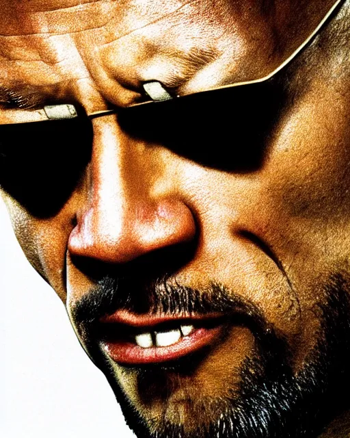 Prompt: Film still close-up shot of Dwayne Johnson as the Jules from the movie Pulp Fiction. Photographic, photography