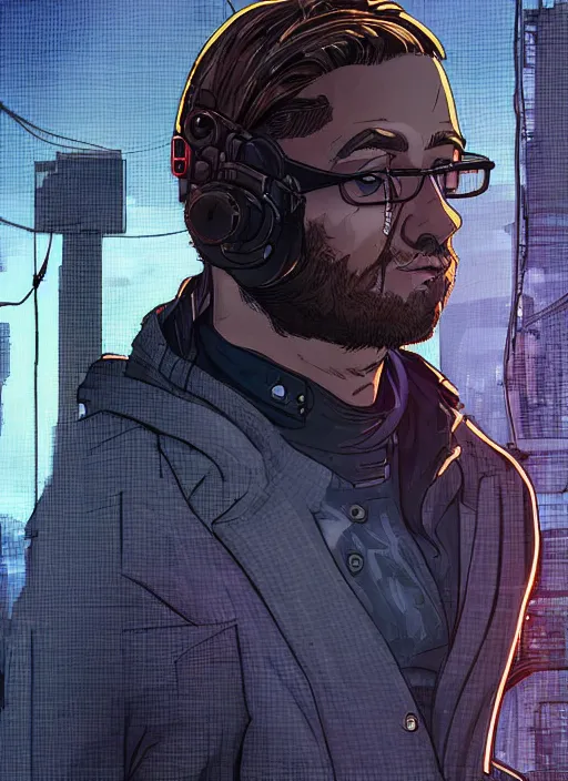 Prompt: Brave Vernon. Careful cyberpunk hacker with a beard and cyberpunk eyepiece. attractive face. Realistic Proportions. Concept art by James Gurney and Laurie Greasley. Moody Industrial skyline. ArtstationHQ. Creative character design for cyberpunk 2077.