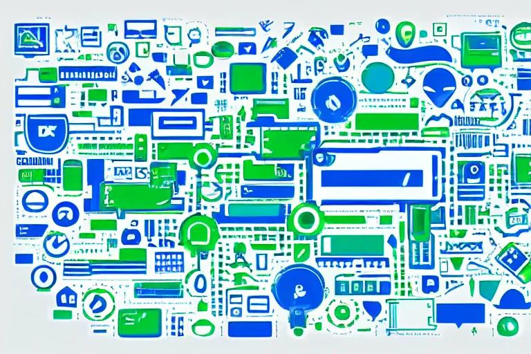 Prompt: detailed vector graphic on white background, interconnected arrows, high tech, blue and green, databases and icons, data columns, solid colors, sharp lines, 4k illustration,