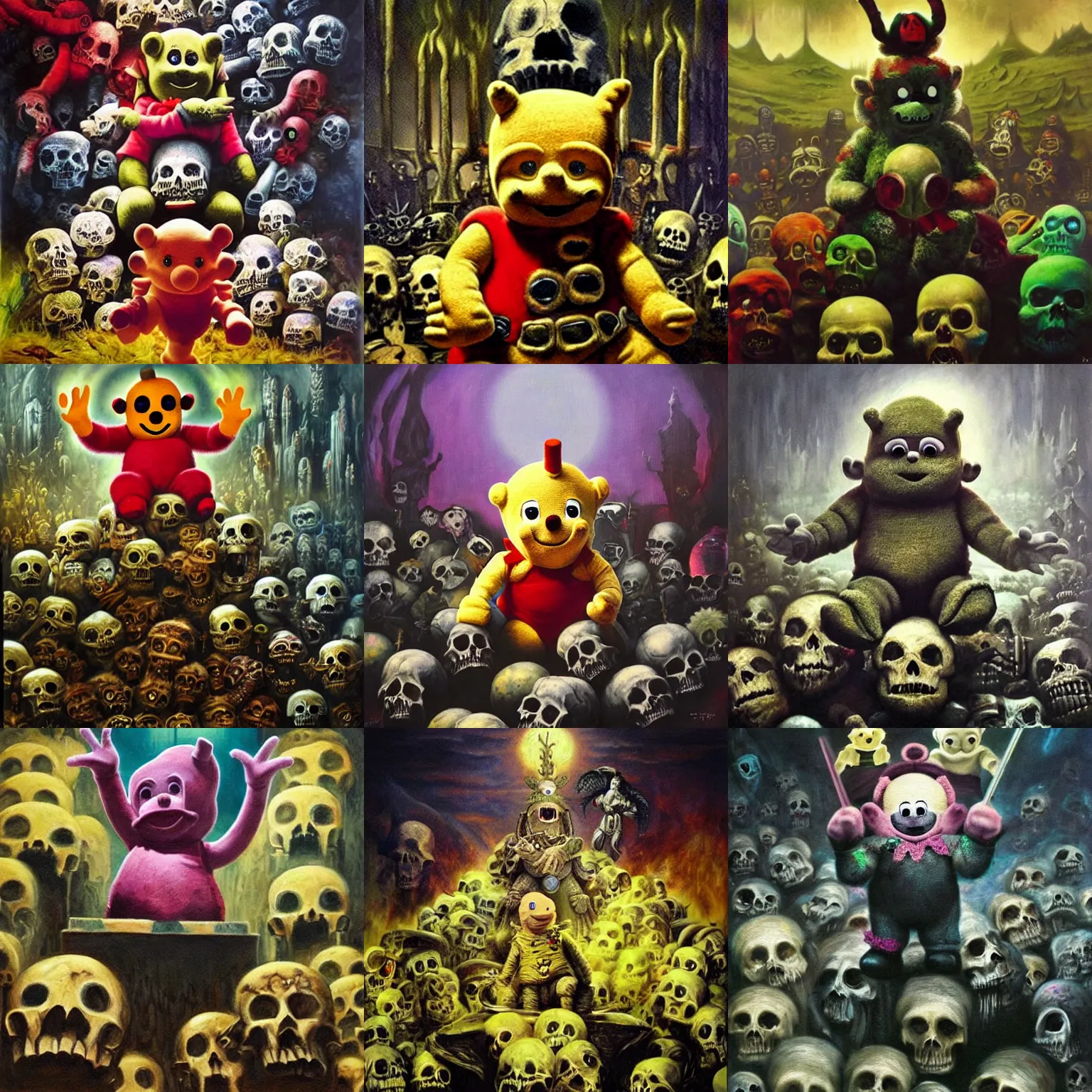 Prompt: teletubby perched atop a throne of skulls, epic dark fantasy oil painting, dimly lit masterpiece, disturbing and evil
