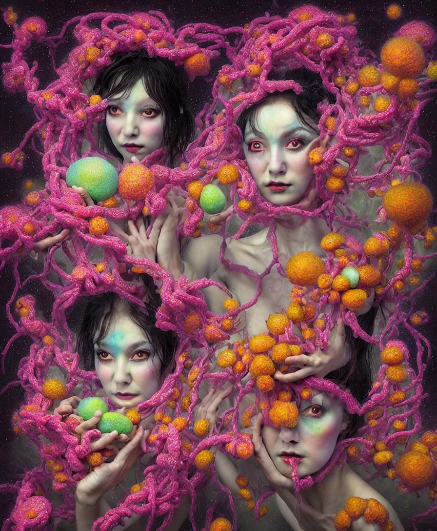 Image similar to hyper detailed 3d render like a Oil painting - kawaii portrait Aurora demon (ancient black haired Fae acrobat) seen Eating of the Strangling network of yellowcake aerochrome and milky Fruit and Her delicate Hands hold of gossamer polyp blossoms bring iridescent fungal flowers whose spores black the foolish stars by Jacek Yerka, Mariusz Lewandowski, Houdini algorithmic generative render, Abstract brush strokes, redshift render, Masterpiece, Edward Hopper and James Gilleard, Zdzislaw Beksinski, Mark Ryden, Wolfgang Lettl, hints of Yayoi Kasuma, extremely detailed, 8k