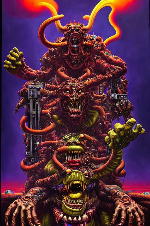 Image similar to a hyperrealistic painting of an epic boss fight against an ornate supreme dark overlord, cinematic horror by chris cunningham, lisa frank, richard corben, highly detailed, vivid color,