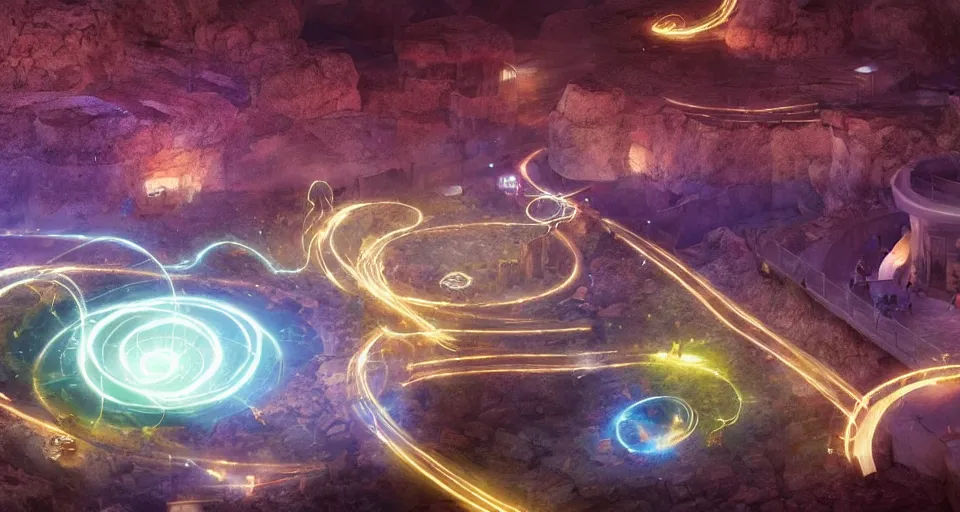 Prompt: night, people and a spiral - shaped white luminous attractor is floating in grand canyon, concept art, art for the game, professional lighting, art