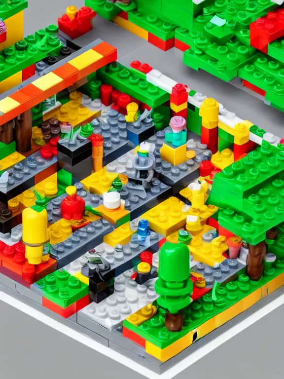 Image similar to miniature isometric lego diorama of epic fruits factory