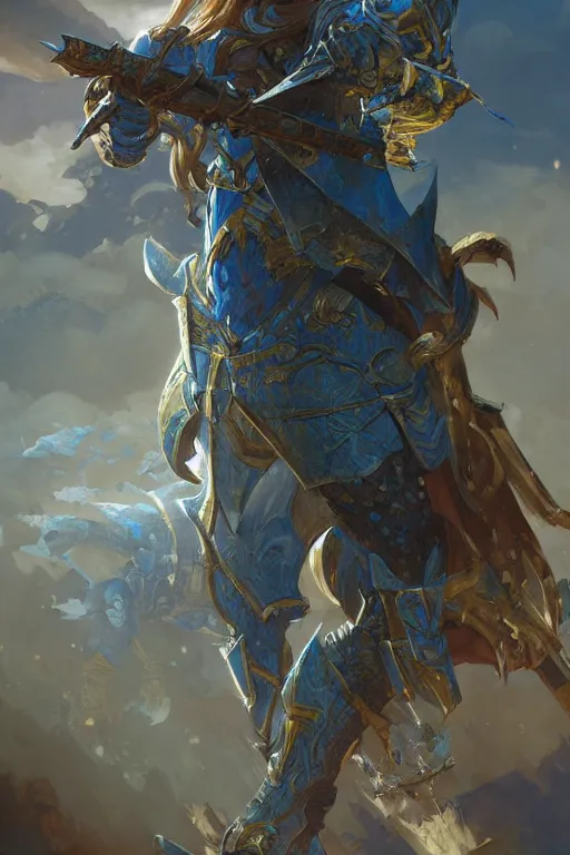 Image similar to Fantasy azure knight, moonlit, HD, illustration, epic, D&D, fantasy, intricate, elegant, highly detailed, digital painting, artstation, concept art, smooth, sharp focus, illustration, art by artgerm and greg rutkowski and alphonse mucha, monster hunter illustrations art book